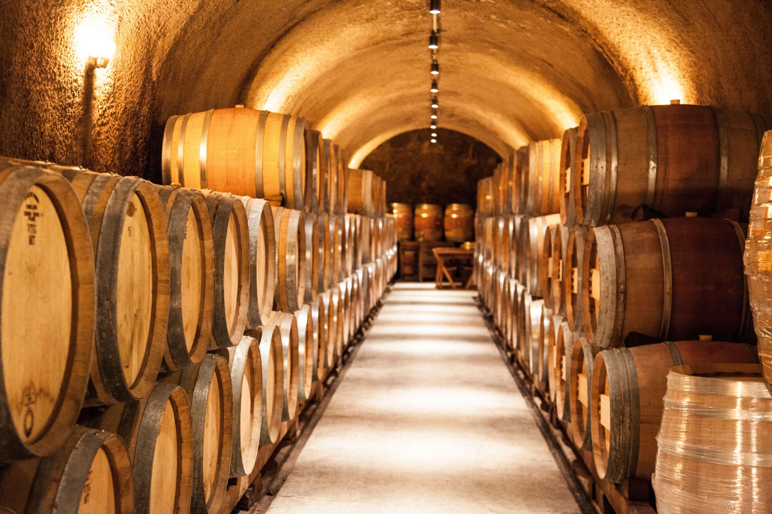 Wine aging in barrels in a wine cellar.